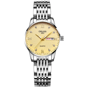 Waterproof gold face steel watch for women with dual calendar and diamond markers
