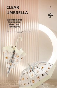 Close-up of clear umbrellas featuring cute cat and dog prints with ivory handles