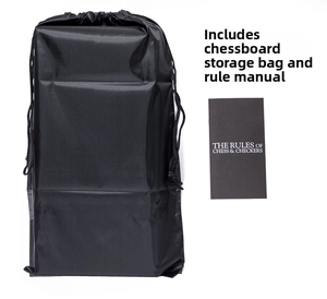 Detailed view of black nylon drawstring storage bag and gameplay instructions for chess set