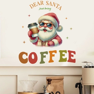 Christmas Wall Sticker Cartoon Santa Claus Wearing Sunglasses Drinking Coffee PVC Waterproof Home Office Mural Decal