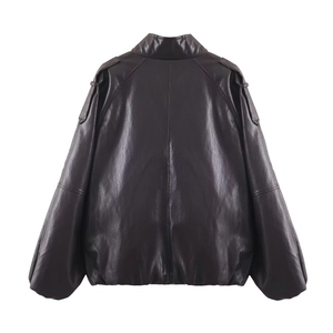 Back view of a street fashion faux leather jacket with stand collar in dark brown finish