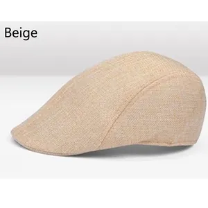 Ademende beige platte pet voor heren van katoen en linnen met geweven textuur