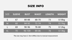 Detailed size chart for women's long sleeve bodysuit with bust and waist measurements