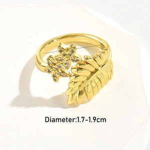 18K gold plated leaf and star open ring with micro-set zircon stones for women