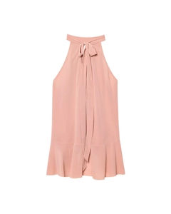 Detail of dusty rose halter neck top featuring elegant tie bow and ruffled hemline