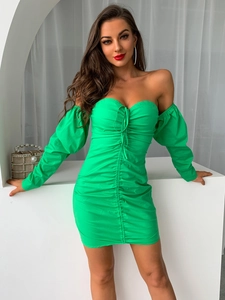 Detail of green ruched off-shoulder mini dress with tie-front and long puff sleeves