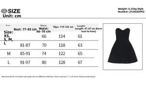 Size chart for strapless backless black mini dress showing measurements in centimeters