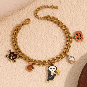 18K gold plated stainless steel Halloween charm bracelet with pumpkin and skull pendants