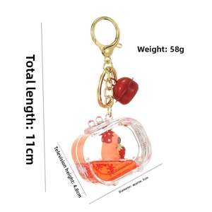 Detail showing dimensions of TV-shaped Capybara oil liquid keychain with red glitter