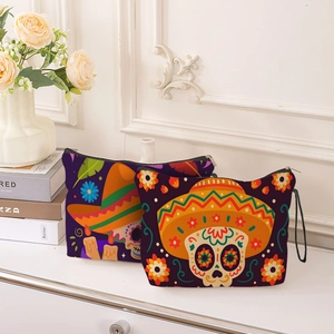 Trousse de maquillage violette Jour des Morts avec motif crâne et fermeture éclair