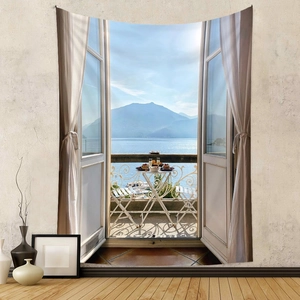 Detail of bohemian tapestry featuring a realistic Italian window scenic lake view