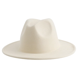 Macro shot of ivory wool felt fedora showing brim stitching and fabric texture detail