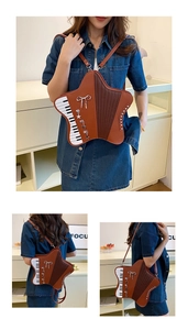 Detailed views of a brown star-shaped bag with piano keys and silver star charms