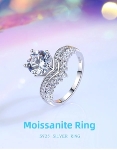 Macro shot of 925 silver moissanite ring with V-shaped pavé band and S925 hallmark