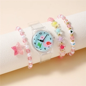 Orologio al quarzo per bambini e 3 braccialetti di perline con fenicottero e cactus