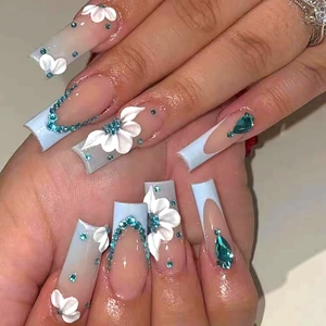 Press On Nails Long Coffin French Gradient White Three Dimensional Flower Blue Rhinestones Elegant Fashion For Women