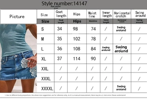 Detailed size chart for denim floral mini skirt showing S to XL waist and hip measurements