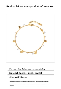 Detail of 18K gold plated stainless steel anklet with crystal and teardrop charms