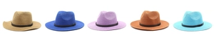 Detail showing five straw hats in different colors with studded leather bands and wide brims