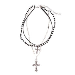 Gothic style triple-layer necklace with black beads, leather cords and silver cross pendants