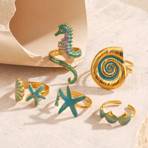 Ocean Theme Adjustable Rings Stainless Steel Seahorse Starfish Shell Enamel Jewelry For Women Summer Beach Vacation