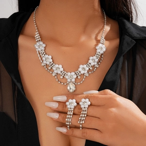 Copper Rhinestone Imitation Artificial Pearl Jewelry Necklace And Earrings Flower Water Drop Pendant Retro Luxury For Wedding Evening Party Women