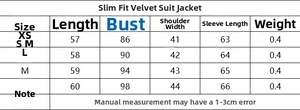 Tableau des tailles pour veste de costume ajustée en velours avec mesures détaillées