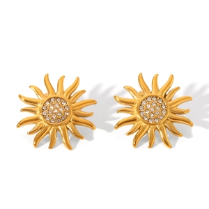 Detailed view of 18K gold sunflower earrings with sparkling crystal center studs