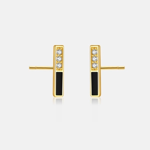 S925 silver stud earrings with gold plating, black enamel, and white zircon crystals
