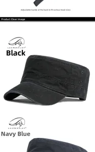 Detail of adjustable metal buckle on navy and black cotton vintage military flat top caps