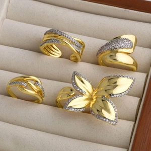 Adjustable Open Ring 18K Gold Plated Brass AAA Zircon Geometric Twist Flower Leaf Minimalist Luxury Jewelry For Women