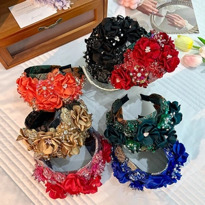Elegant floral headbands with rhinestones and beads in seven assorted vibrant colors
