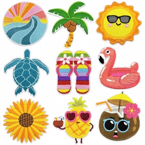 Summer Tropical Theme Embroidery Patches Iron On Applique DIY Decoration For Clothes Bags Polyester Thread Sun Palm Tree Flamingo Pineapple