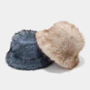 Chapeau bob bicolore en fausse fourrure pelucheuse pour femmes, bleu foncé et marron