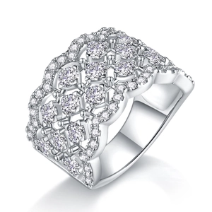 Luxurious S925 sterling silver wide band ring with moissanite pave in hollow lace design