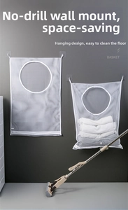 Detail view of wall-mounted mesh laundry bags with zipper bottom and suction hooks