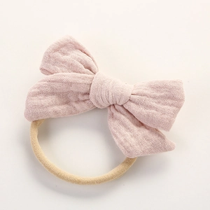 Bandeau à nœud en mousseline de coton rose avec bande élastique beige pour bébés et petits