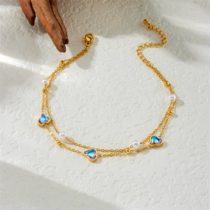 Gold double-layered butterfly heart anklet with purple crystals and small pearls