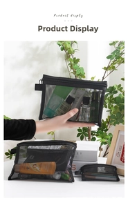 Detailed view of black nylon mesh storage bags for cosmetics and travel toiletries