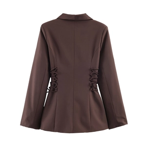 Back view of a brown satin-trimmed blazer with stylish side lace-up drawstring details