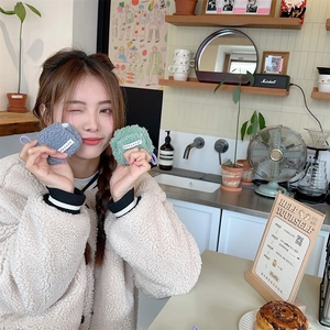 Close-up of plush Teddy fleece AirPods cases in grey and mint green with neck straps