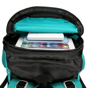 Large outdoor hiking backpack showing internal storage compartments for tablets and gear