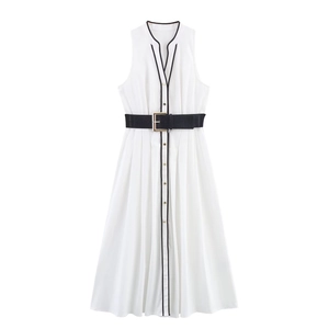 Elegante Mouwloze Midi-jurk Met Contrastbiezen V-hals Popeline A-lijn Jurk Met Riem Voor Dames Kantoor Feest