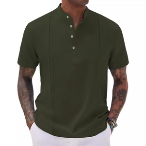 Men's olive green linen cotton polo shirt with short sleeves and four-button henley collar