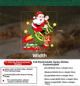 Size chart for reindeer Christmas static glass stickers with five dimension options
