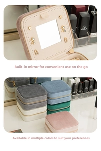 Detail view of the velvet travel jewelry box featuring a built-in mirror and multi-color options