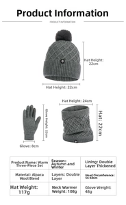 Size details of thermal knitted hat, neck warmer, and gloves with fleece lining