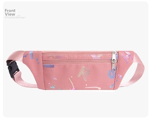 Detail of pink sports waist bag with colorful graffiti lettering and double zippers