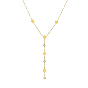 Gold-plated stainless steel Y-shaped necklace with flower charms and cubic zirconia accents