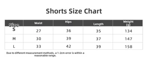 Detailed size guide for seamless high-waist fitness shorts showing S, M, and L measurements